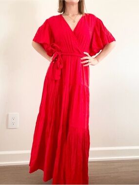 Petal & Pup Crimson Faux Wrap Maxi Dress with Tie Waist 100% Nylon